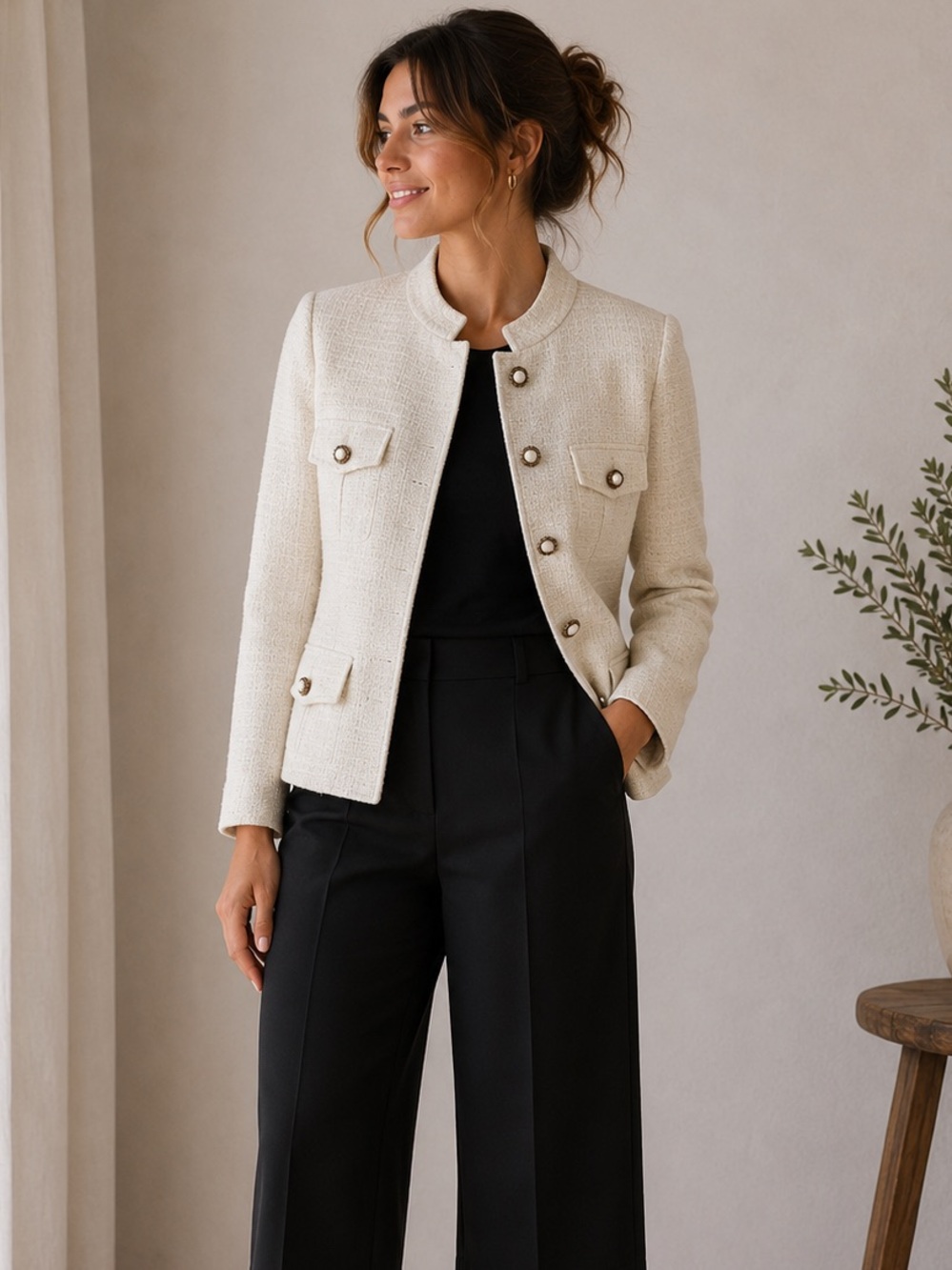 Andrew GN Women’s Tweed Jacket Button Front White Size 48 (16US)